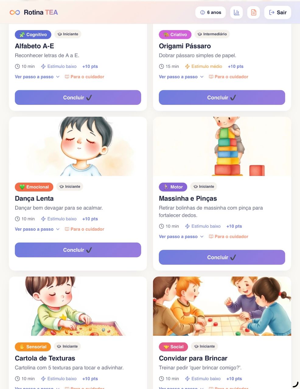 Tela do app Rotina TEA mostrando atividades do dia